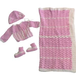 Handmade Pink‎ White Crochet Baby Layette Set Cardigan Bonnet Booties Blanket